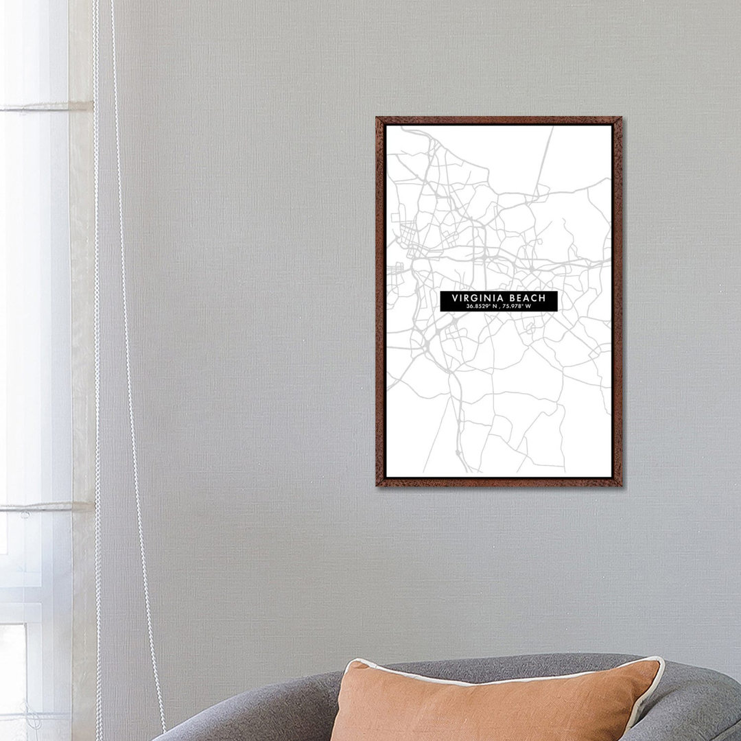 Virginia Beach Stadtplan Minimal Style von WallDecorAddict - Galerie-umwickelte Leinwand Giclée auf Leinwand