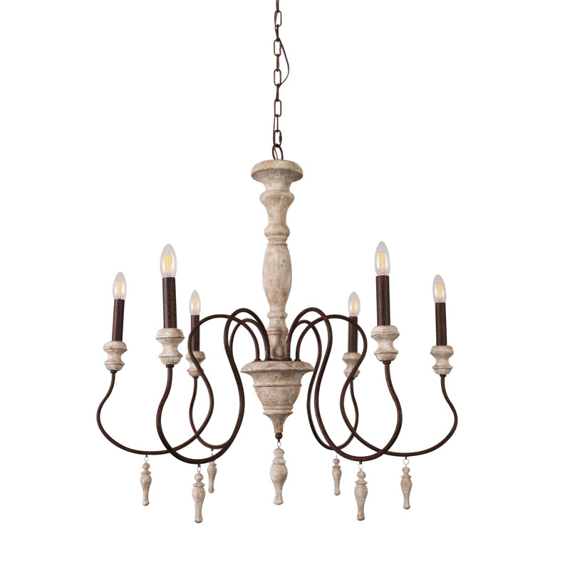Lustre en bois classique à 6 lumières de style bougie avec détails en métal Feller