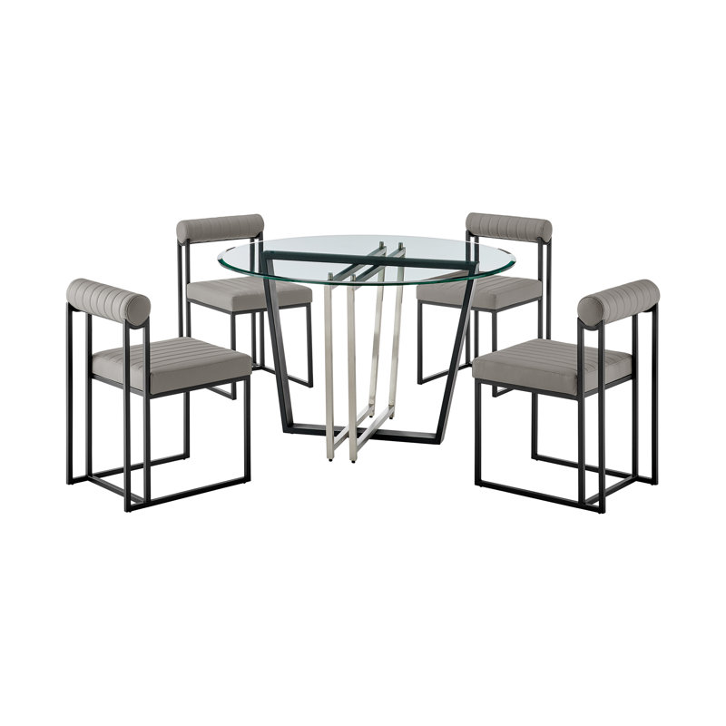 Mirko 5 Piece 48" Round Glass Dining Table Set with Metal Frame and Upholstered Chairs, Black, Black
