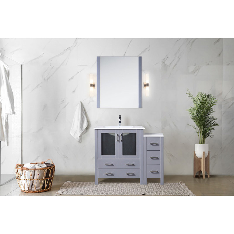 42 po W Meuble-lavabo simple gris foncé pour salle de bain, armoire latérale, comptoir en céramique blanche, robinet, fermeture en douceur, une armoire intérieure et cinq tiroirs, beaucoup d'espace de rangement, surface antitache, baignoire