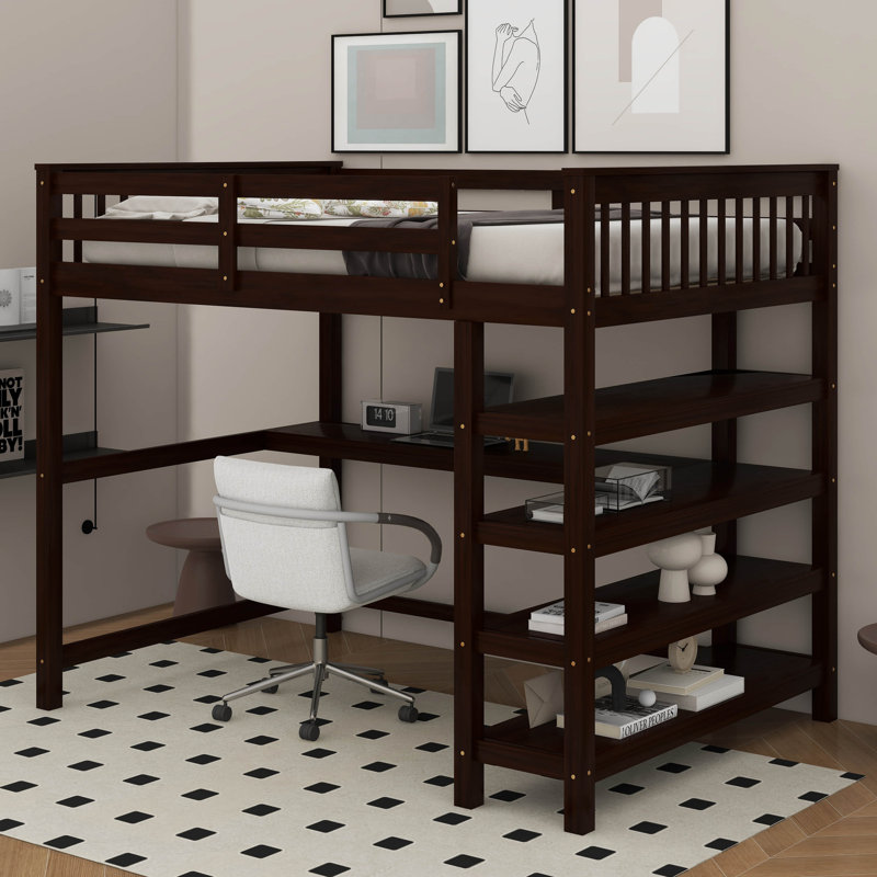 Lit mezzanine avec tablettes de rangement et bureau sous le lit, Lit double, Espresso