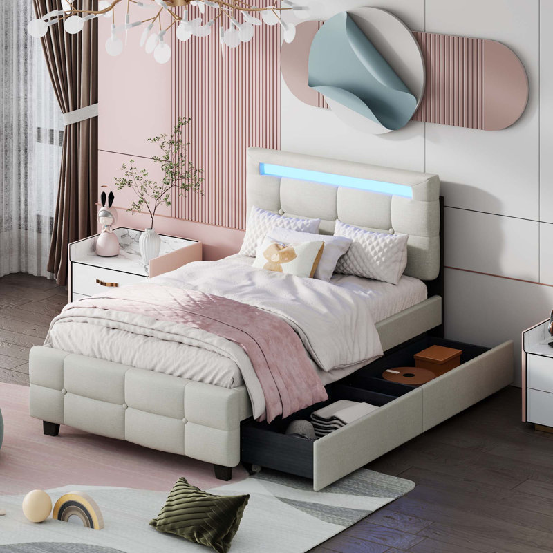 Lit plateforme simple tapissier avec cadre à DEL et 2 tiroirs
