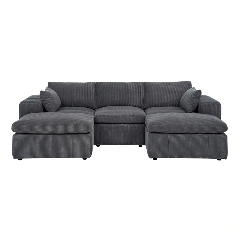 Canapé modulaire à larges accoudoirs avec 2 repose-pieds Cordory, Dark Gray Corduroy, 33.05" H x 105.96" W x 64.91" D
