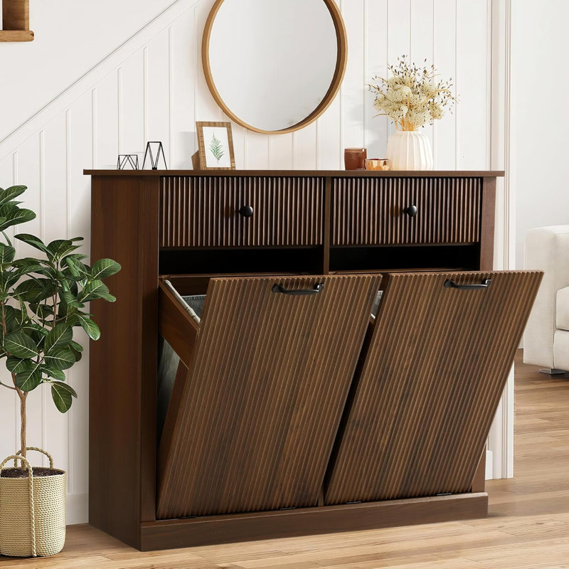 Tilt-Out Fluted Laundry Hamper Cabinet, Brown