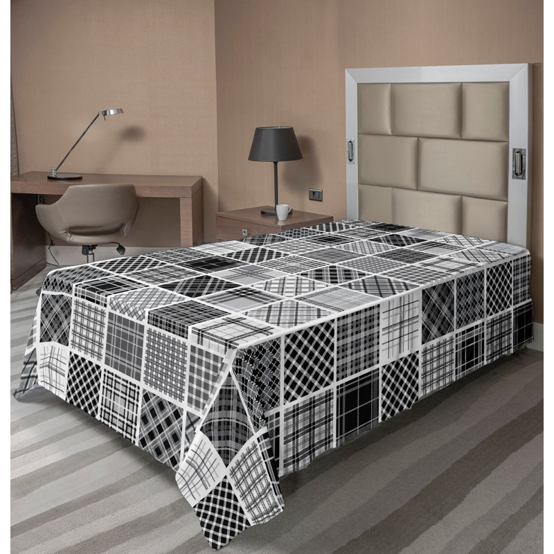 Ambesonne Top Flat Sheet Curving Art, White Black Gray Patchwork, Twin Flat Sheet