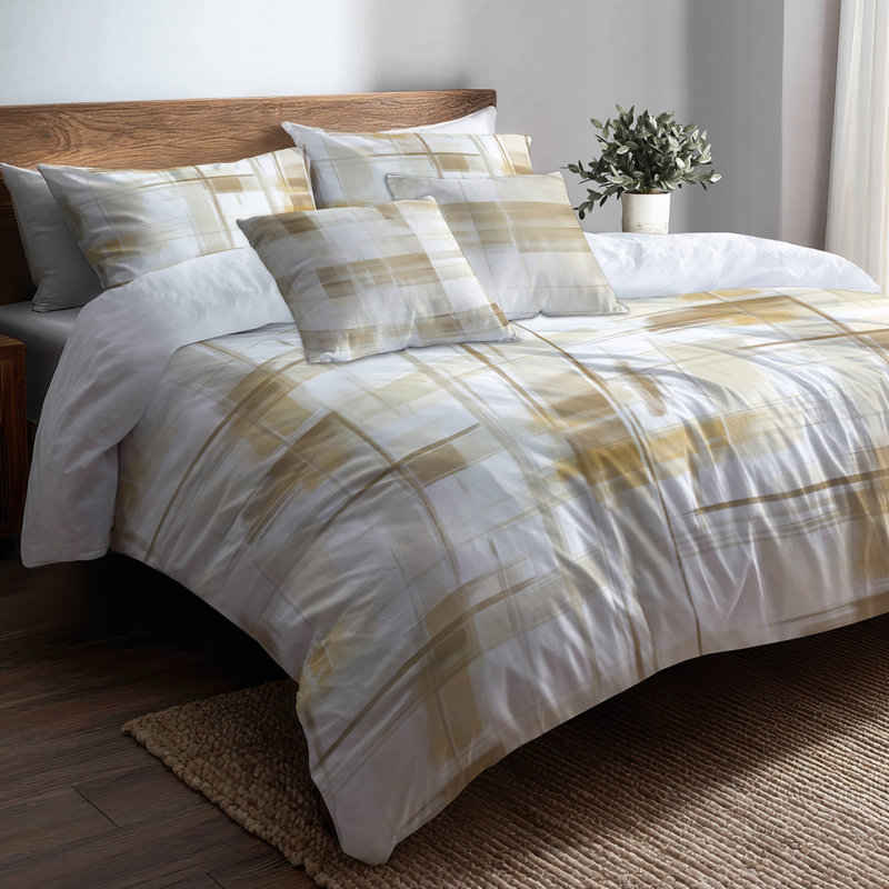 Ensemble de literie Country Farmhouse, ensemble de 5 - Housse de couette et coussin décoratif à carreaux neutre brun