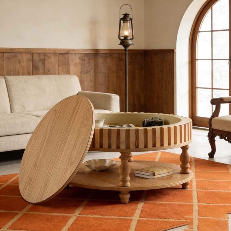 Table basse cannelée Mid-Century, Bois naturel