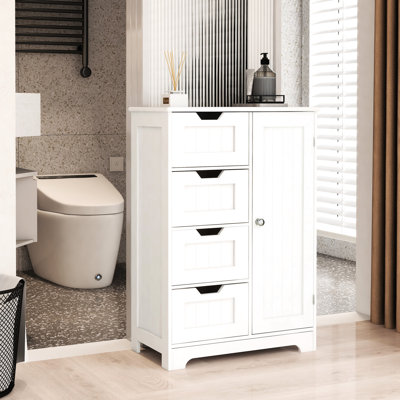 Armoire de rangement moderne blanche avec 4 tiroirs et 1 porte - tablettes réglables pour une salle de bain contemporaine