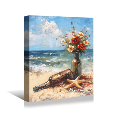 Art mural floral nautique - Vase côtier avec fleurs blanches, coquillages et fond de plage