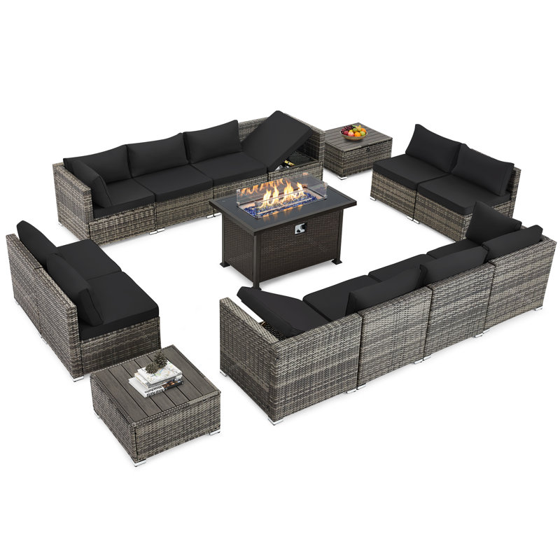 12 - Person Outdoor Wicker Patio Conversation Furniture Set with Fire Pit Table, Black