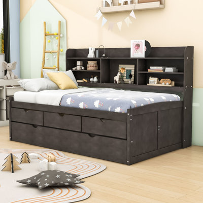 Amande Twin Wooden Captain Bed with Bookcase Headboard, Three Storage Drawers and Twin Trundle