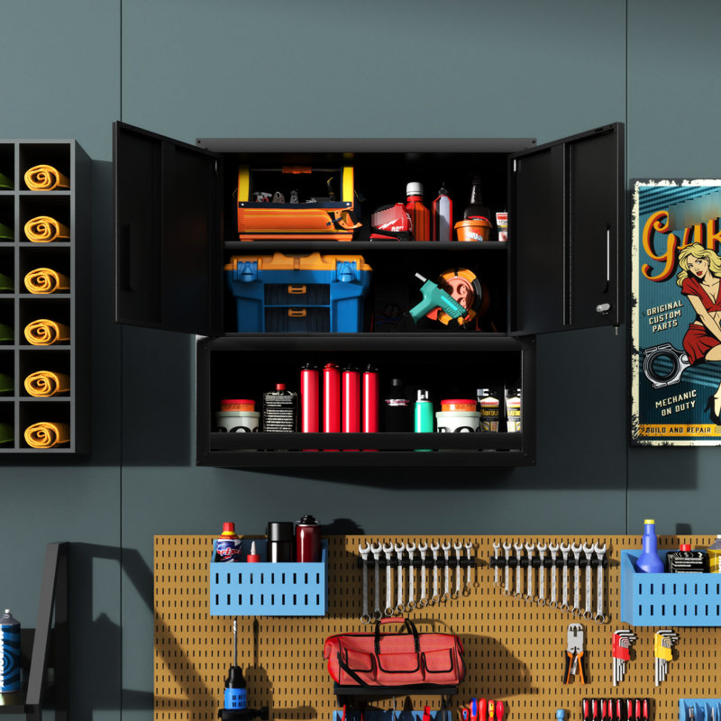 Armoire à outils murale avec verrouillage sécuritaire, 1 tablette, tiroir pour bureau, maison, structure de garage, rouille et corrosion, noir réglable, portes de rangement verrouillables en métal nécessitant peu d'entretien