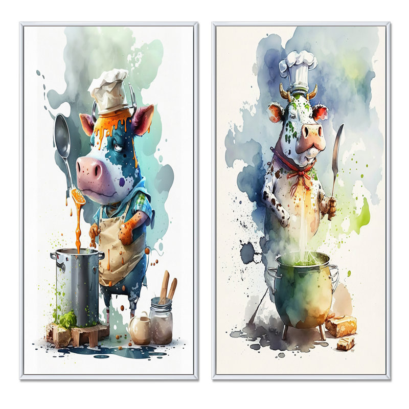 «Cuisson de la vache dans la cuisine», 2 pièces sur toile, Cadre blanc, H 32 po x l 32 po