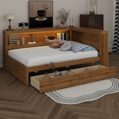 Lit de jour en bois pleine grandeur en forme de L avec tablettes de rangement à lumière DEL, cadre de lit de jour avec port USB et station de charge intégrée, 2 tiroirs