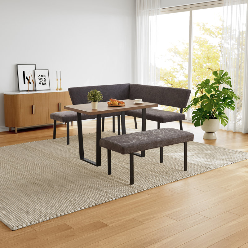 3-Piece Mdf Top Dining Table Set 42.9 In. Rectangle Table, 1 Sofa Corner Bench And 1 Bench, Gray
