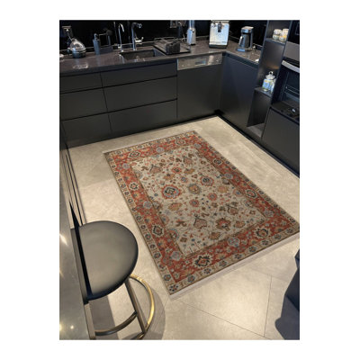Orange Traditional Floral Patterned Fringed Vintage Decorative Washable Rug