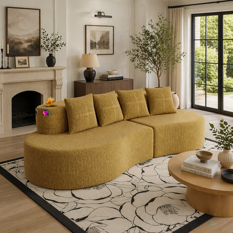 Canapé modulaire incurvé moderne 3 places, Mustard yellow Chenille, Mustard yellow