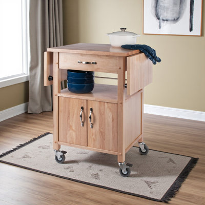 Enzo Natural Finish Drop Leaf Kitchen Cart With Casters, 32.89" H X 43.02" W X 19.89" D