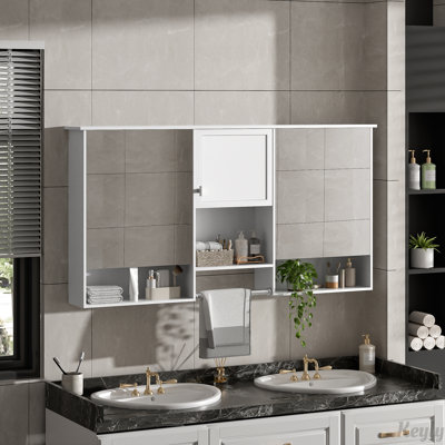 55 Inch Wall-Mount 3-in-1 Mirror Cabinet with Adjustable Shelf, Soft-Closing Hinges, High-Quality MDF for Bathroom, Living Room, and Bedroom Storage