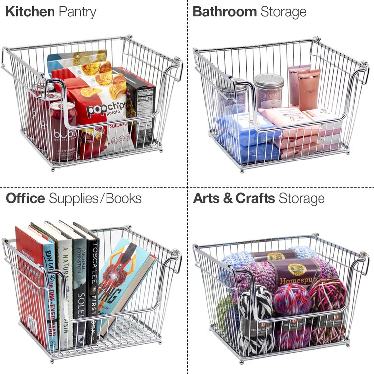 SANNO 14 Stackable Baskets Pantry Bins Storage Baskets Metal Wire Basket,  Storage Organizer Basket Open Front for Kitchen Cabinets, Pantry, Closets