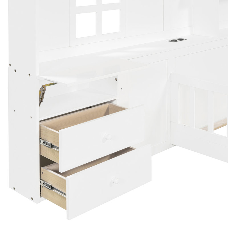 Lit simple en blanc avec fenêtre, tiroirs, douilles et support