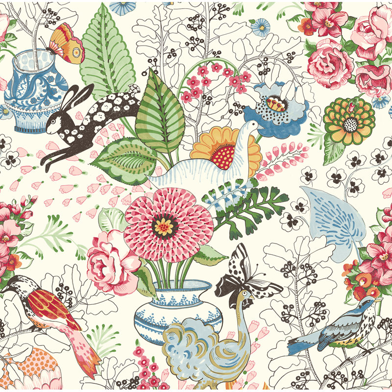 Whimsy Fauna 33' L x 20.4" W Wallpaper Roll, Green/Pink