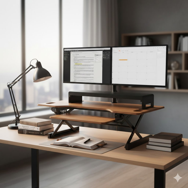  46 in. Beige Height Adjustable Standing Desk Converter with Double Monitor Mount Stand and Deep Keyboard Tray, Beige/Black