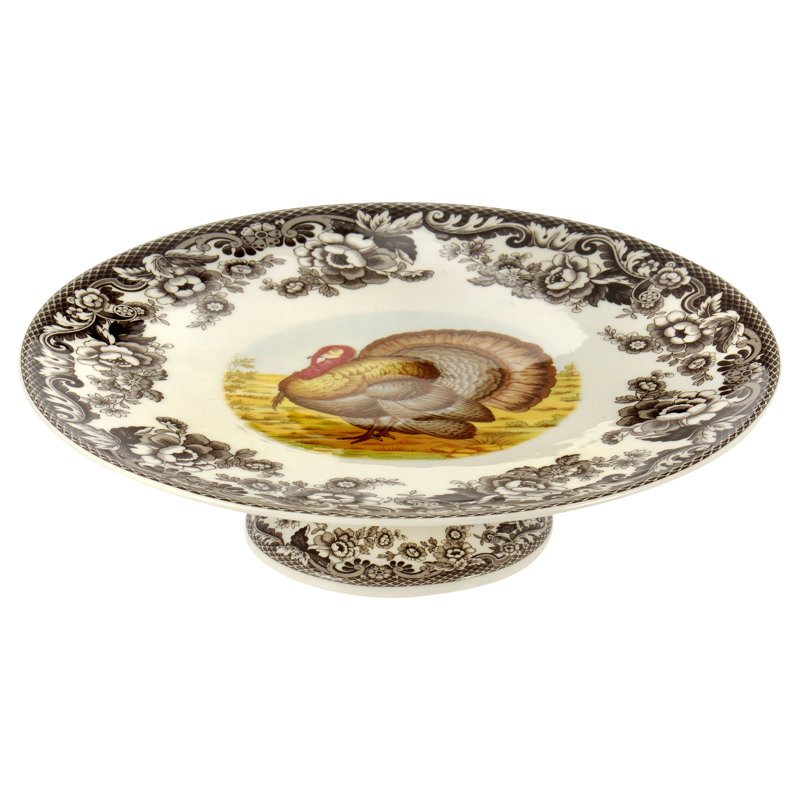 Spode Woodland Footed Cake Plate Serveware - Brown & White