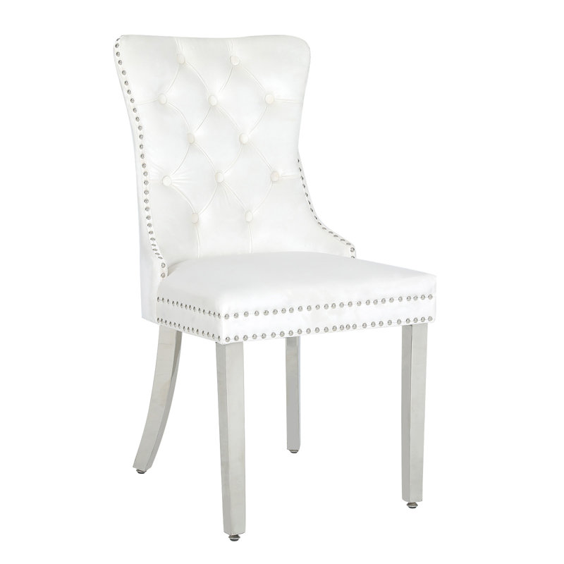 Chaises de salle à manger rembourrées avec dossier capitonné avec pieds en acier inoxydable, Blanc, Argent argent