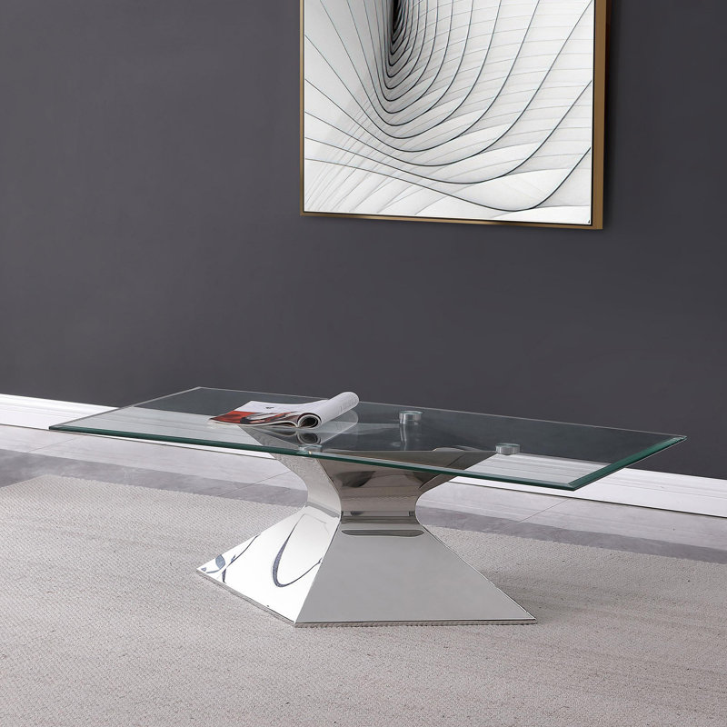 Table basse en acier inoxydable avec plateau en verre et chrome