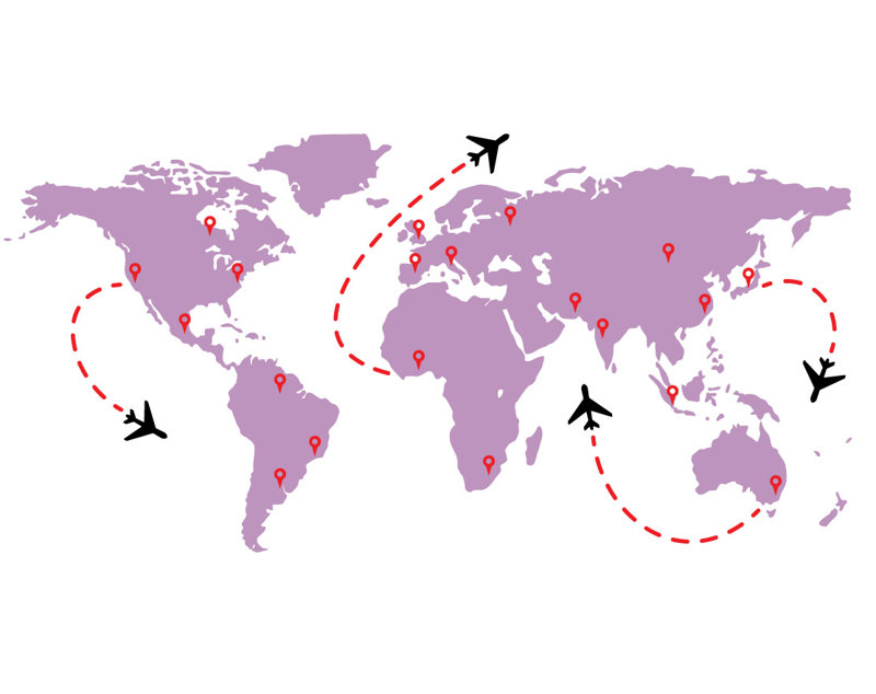 Décalcomanie murale carte de vol de monde de voyage, Lilas, H 21 po x l 42 po x P 0,01 po