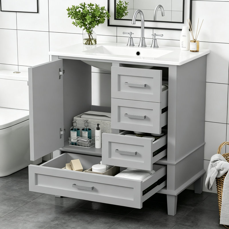 Meuble-lavabo moderne de 30 po avec lavabo, porte à fermeture douce et 3 tiroirs, structure en bois massif pour le rangement et le style