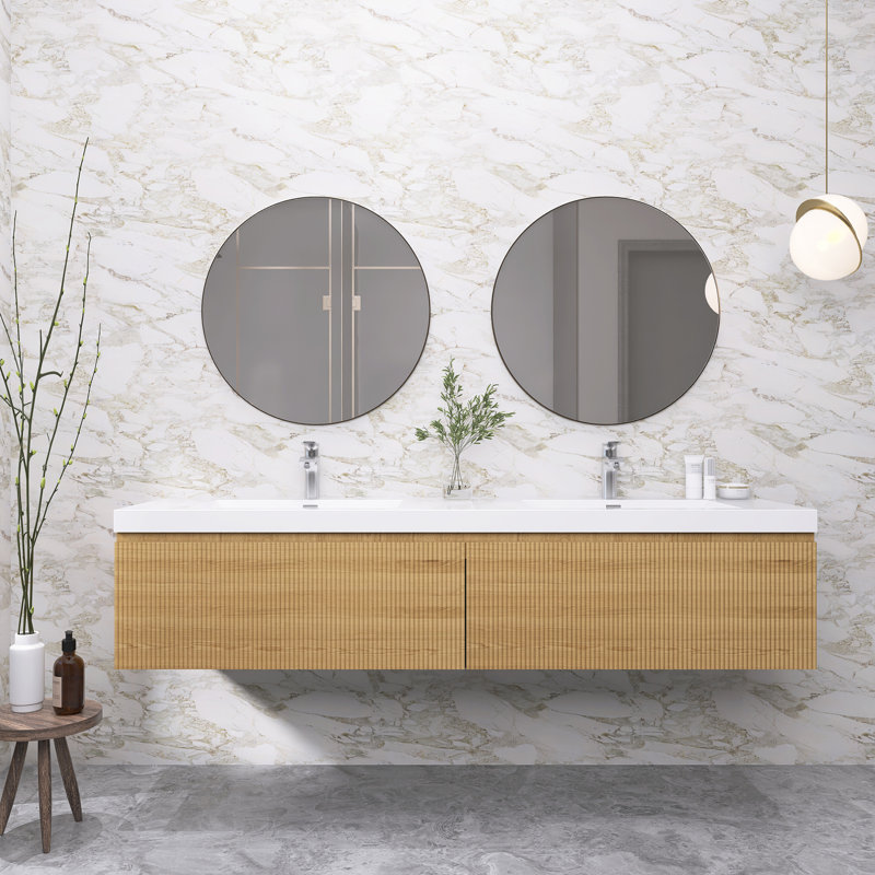 Meuble-lavabo moderne à rayures avec lavabo double, 71"