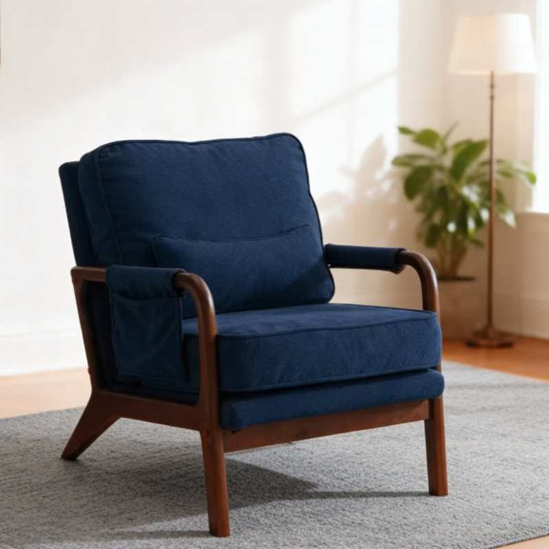 Mid Century Solid Wood Accent Chair Upholstered Armchair with Pillow and  storage Bag, White Boucle