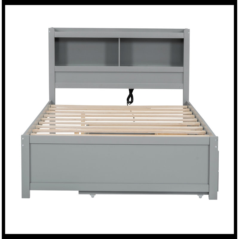 Margrid Bookcase Storage Bed with Trundle, Drawers and USB Plugs, Gray