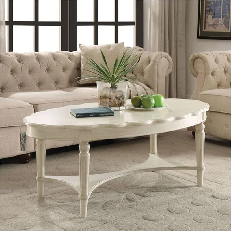 Table basse de salon, plateau ovale blanc propre avec tablette inférieure, pieds tournés, 50 po x 28 po