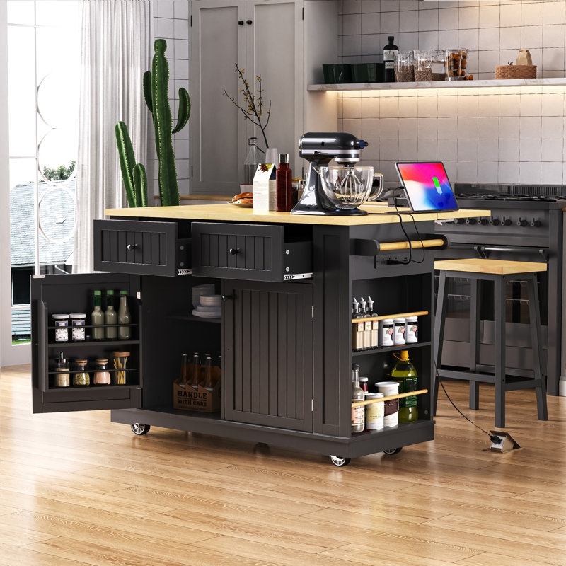 48inch Black Large Kitchen Island with 2 Bar Stools, Power Outlet & Storage - Rolling Cart with Drop Leaf, 5 Side Racks & 2 Drawers (3 Packages)