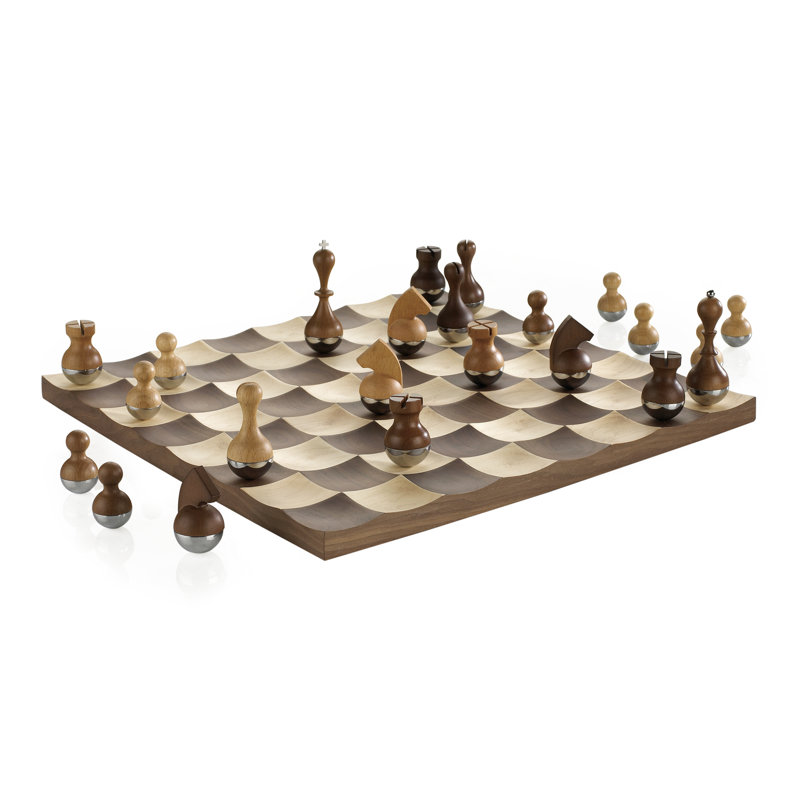 Modern Walnut and Maple Wobble Chess Set with Chrome Accents