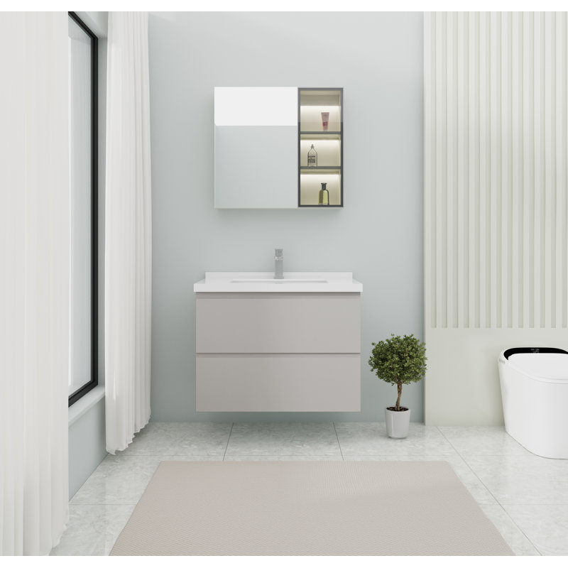 Meuble-lavabo mural simple 31,5 po avec plateau en acrylique Gowanus, gris