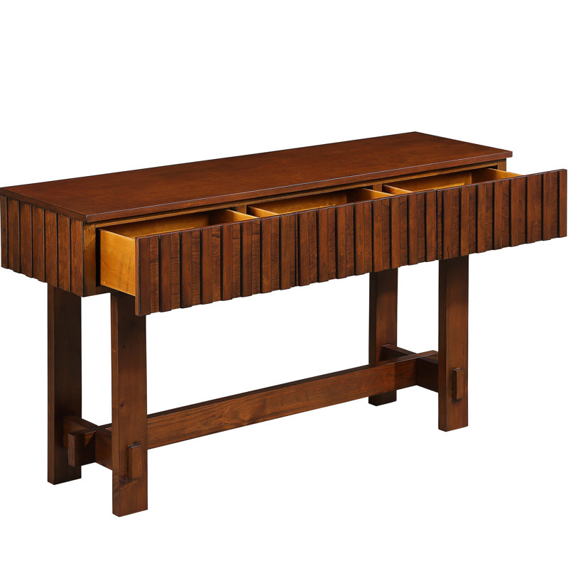Table télé compacte de 132 cm (52 ​​po) avec pieds en bois massif de style mid-century. Finition cannelée, couleur cerisier. Idéal pour un coin télé, un salon, un corridor ou toute autre pièce de votre espace de vie.