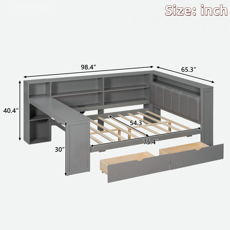 Wood Daybed With Storage Shelves, 2 Drawers, Charging Station, Led, Desk And Upholstered Headboard, Full, Gray