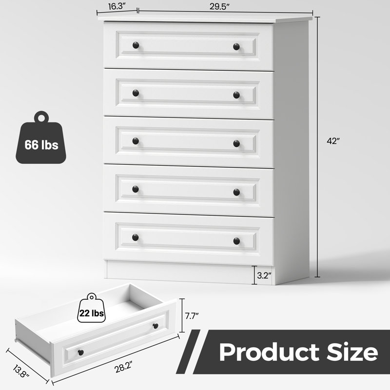 5 Drawer 29.5'' W Wood Modern Drawer Dresser, White