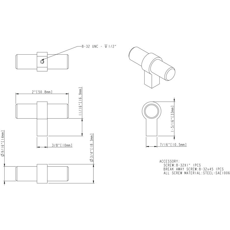 Key Grande 2" Length "T" Knob, Matte Black/Stain Nickel
