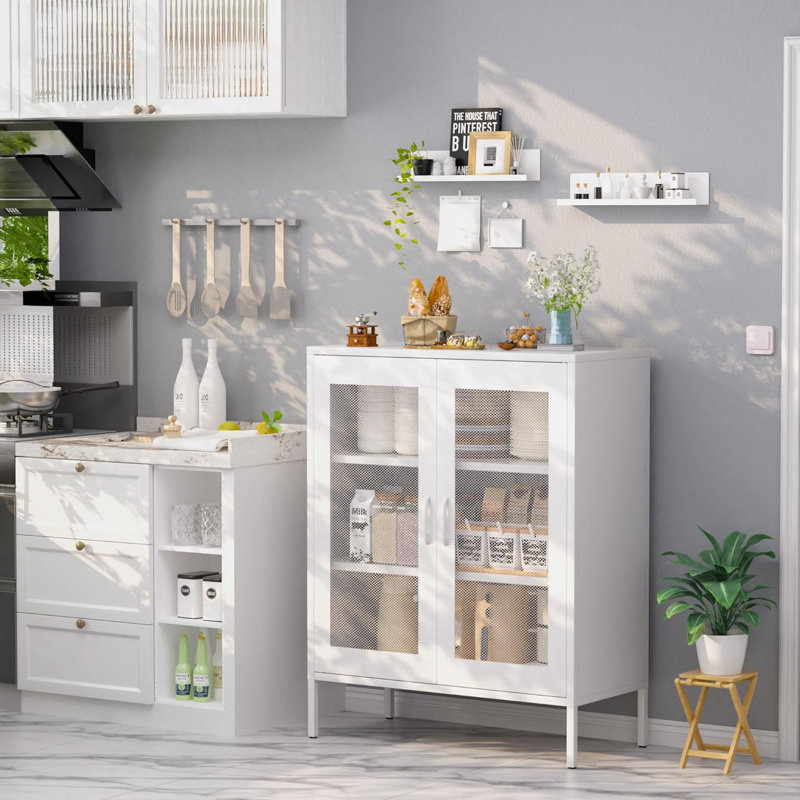 Armoire de rangement en métal avec portes et tablettes en filet, Argent argent, Blanc