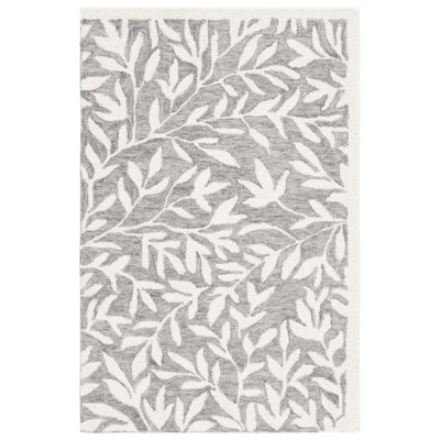 Tapis floral gris / ivoire en laine / coton touffeté à la main Ingurs