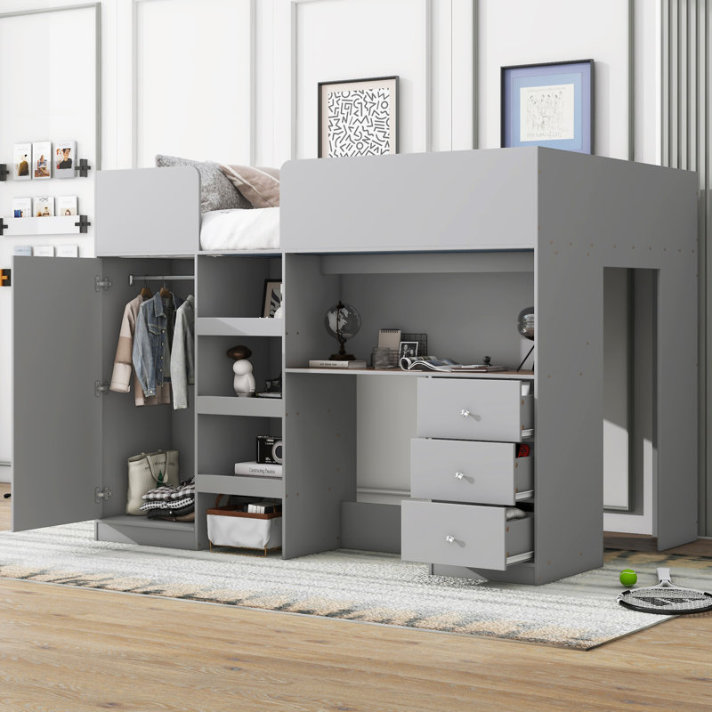   Lit mezzanine avec garde-robe intégré, Gris
