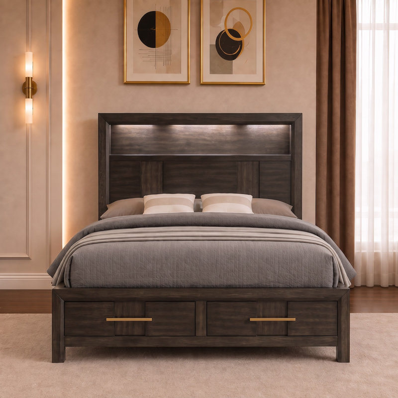 Adryan Bookcase Storage Bed, Queen / (86" L x 63" W x 56" H), Brown