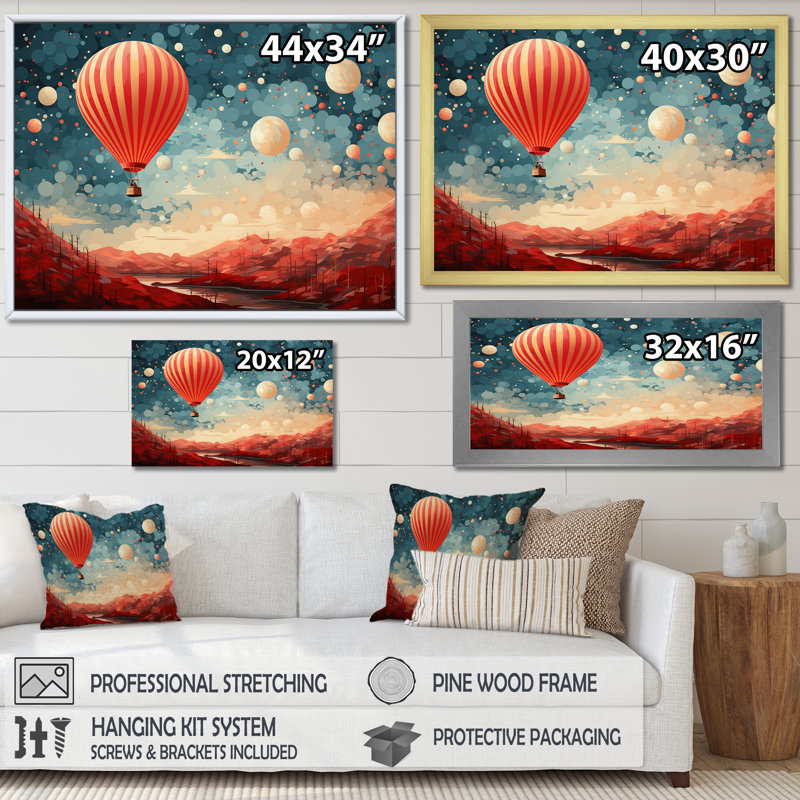 «Coral Hot Air Ballons Take Flight II», reproduction sur toile, Cadre simple noir, H 12 po x l 20 po x P 1 po