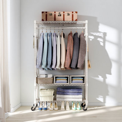 Portant à vêtements robuste à 3 niveaux avec tringle et crochets latéraux, support à vêtements de rangement avec roulettes