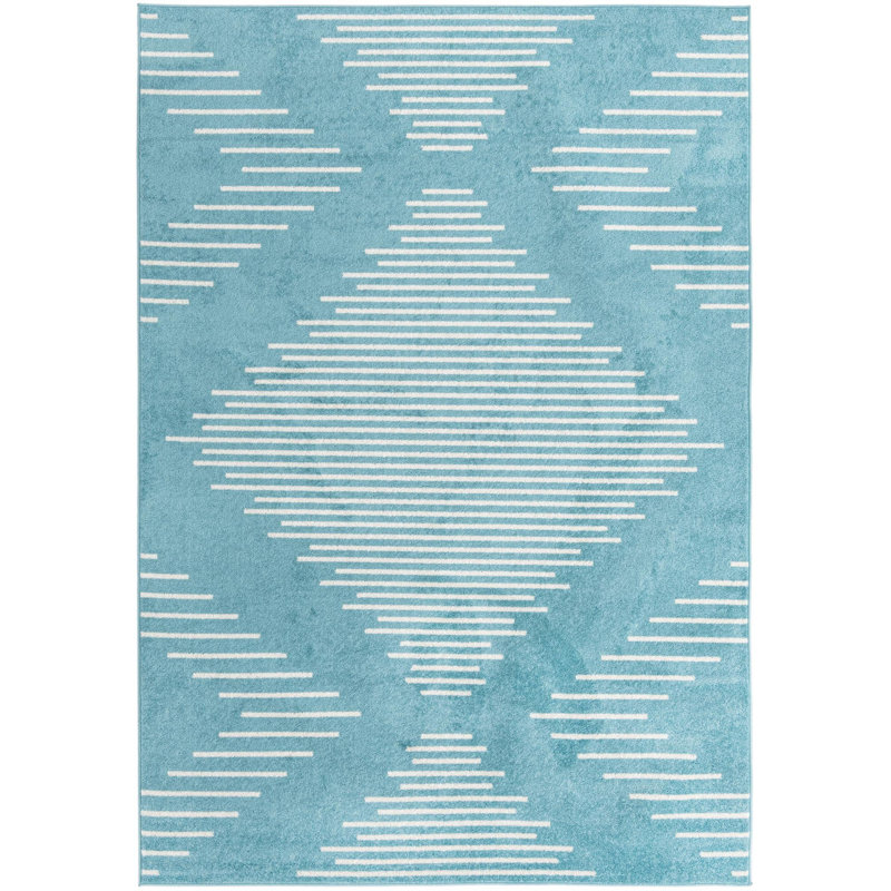 Tapis géométrique bleu clair en polypropylène tissé à la machine, Rectangle 7 pi x 10 pi